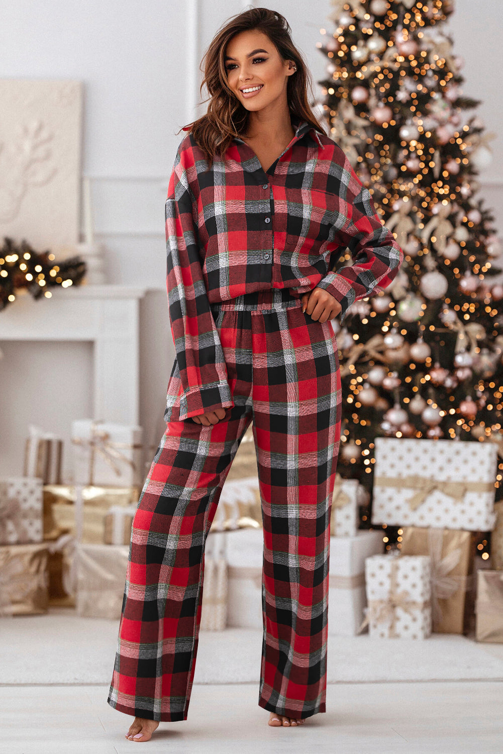 Red Christmas Checkered Pattern Loose Shirt and Pants Lounge Set - Little Miss Vanilla