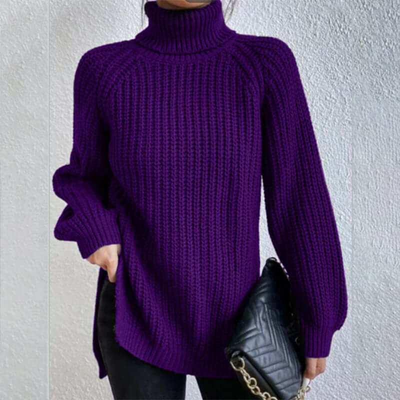 Turtleneck Pullover Sweater With Split Design Fashion Simple Solid Color Long Sleeve Tops Women&#39;s Clothing