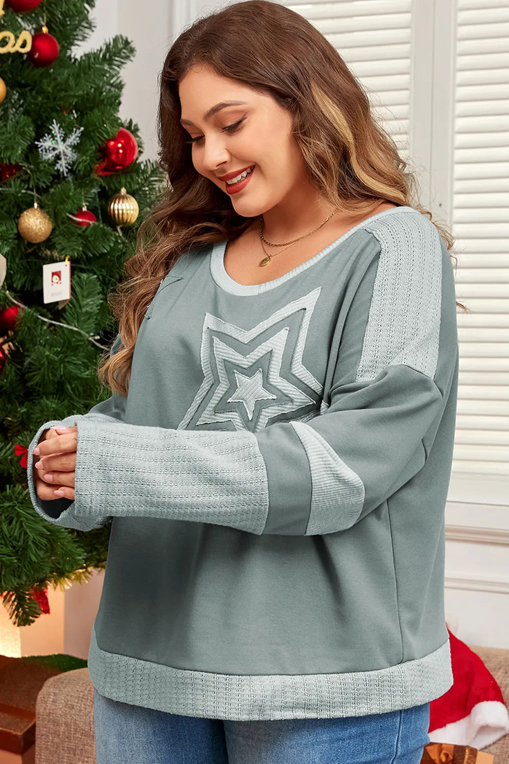 Plus Size Star Round Neck Long Sleeve Top - Little Miss Vanilla