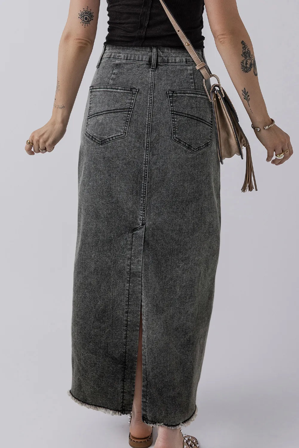 Raw Hem Midi Denim Skirt with Pockets - Little Miss Vanilla