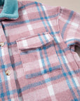 Pink Plaid Print Color Block Collared Flap Pockets Loose Shacket