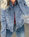 Beau Blue Ruffle Raw Hem Flap Pockets Denim Jacket