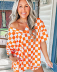 Orange Checkerboard Print V Neck Loose Tee and Shorts Lounge Set - Little Miss Vanilla