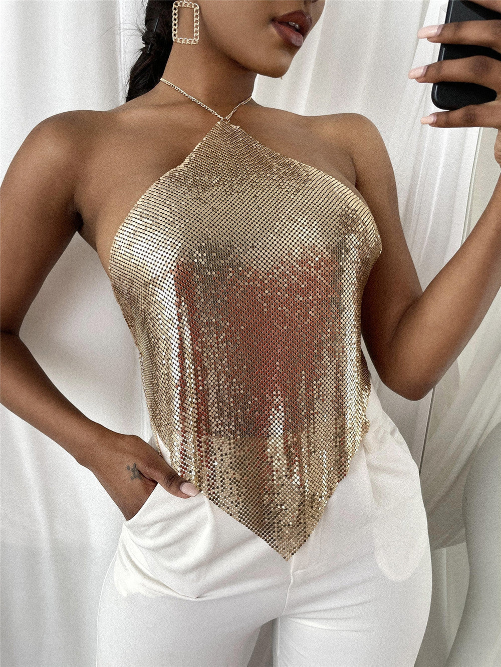 New Solid Color Metal Sexy Hot Girl Halter Sequin Sling Top For Women - Little Miss Vanilla