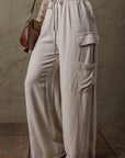 Beige Boho Linen Drawstring Waist Raw Edge Cargo Loose Pants