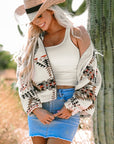 Beige Aztec Printed Stand Neck Zip Up Jacket - Little Miss Vanilla