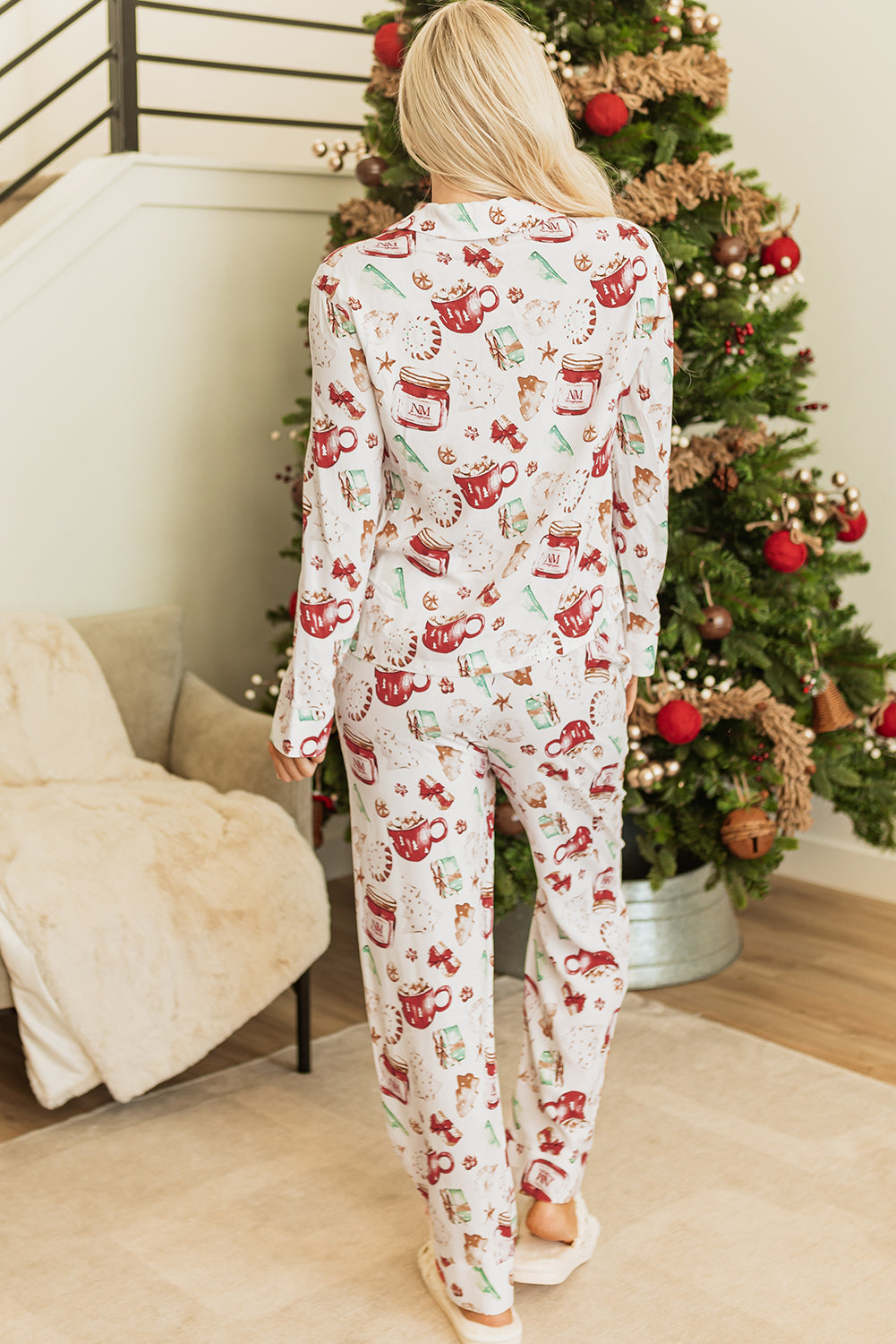 White Christmas Pattern Long Sleeve Shirt and Pants Pajama Set - Little Miss Vanilla