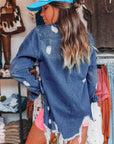 Sky Blue Light Wash Distressed Frayed Long Denim Jacket - Little Miss Vanilla