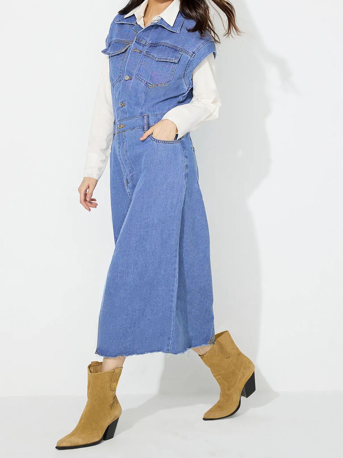 Slit Half Button Collared Neck Cap Sleeve Denim Dress - Little Miss Vanilla