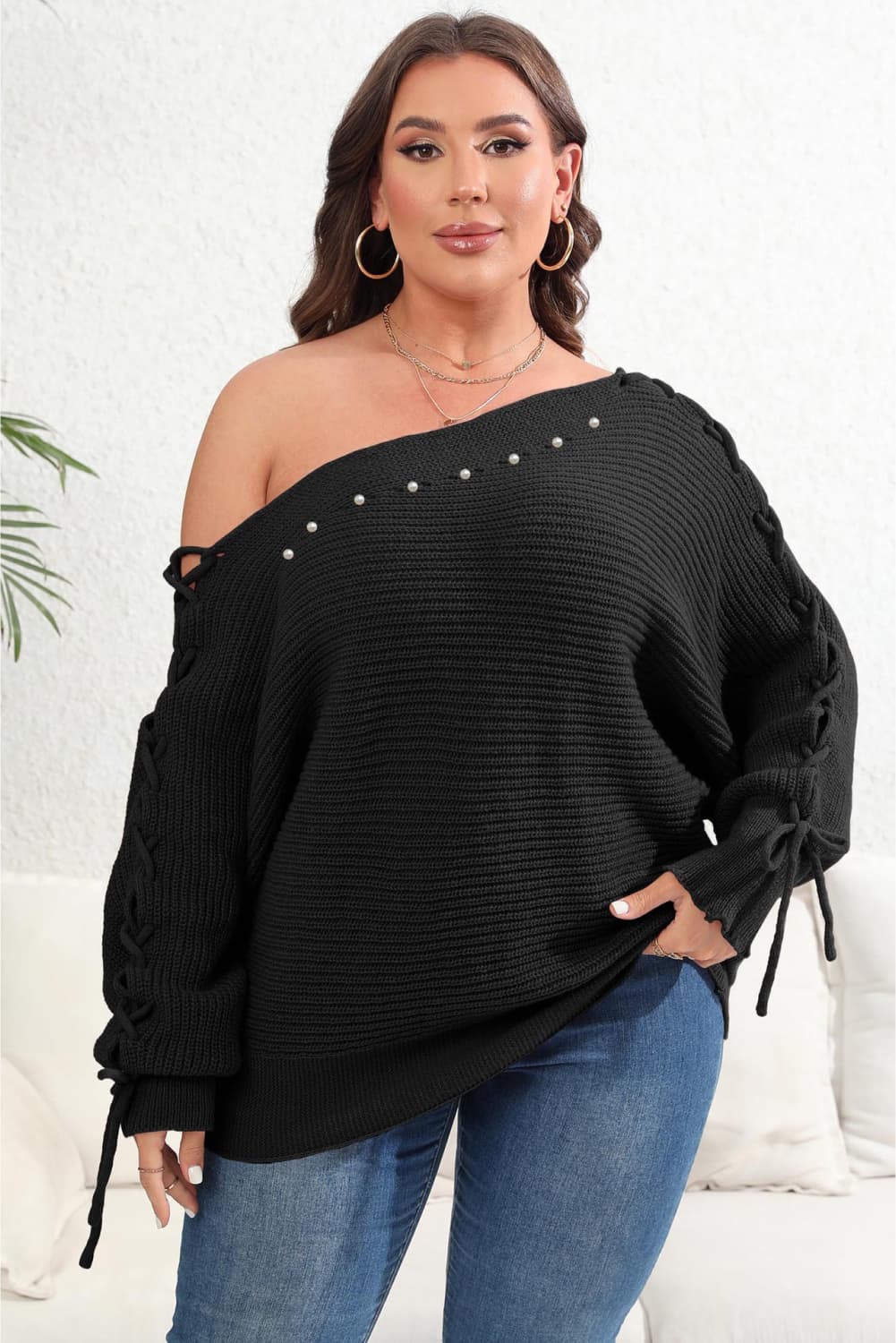 Plus Size One Shoulder Beaded Sweater - Little Miss Vanilla