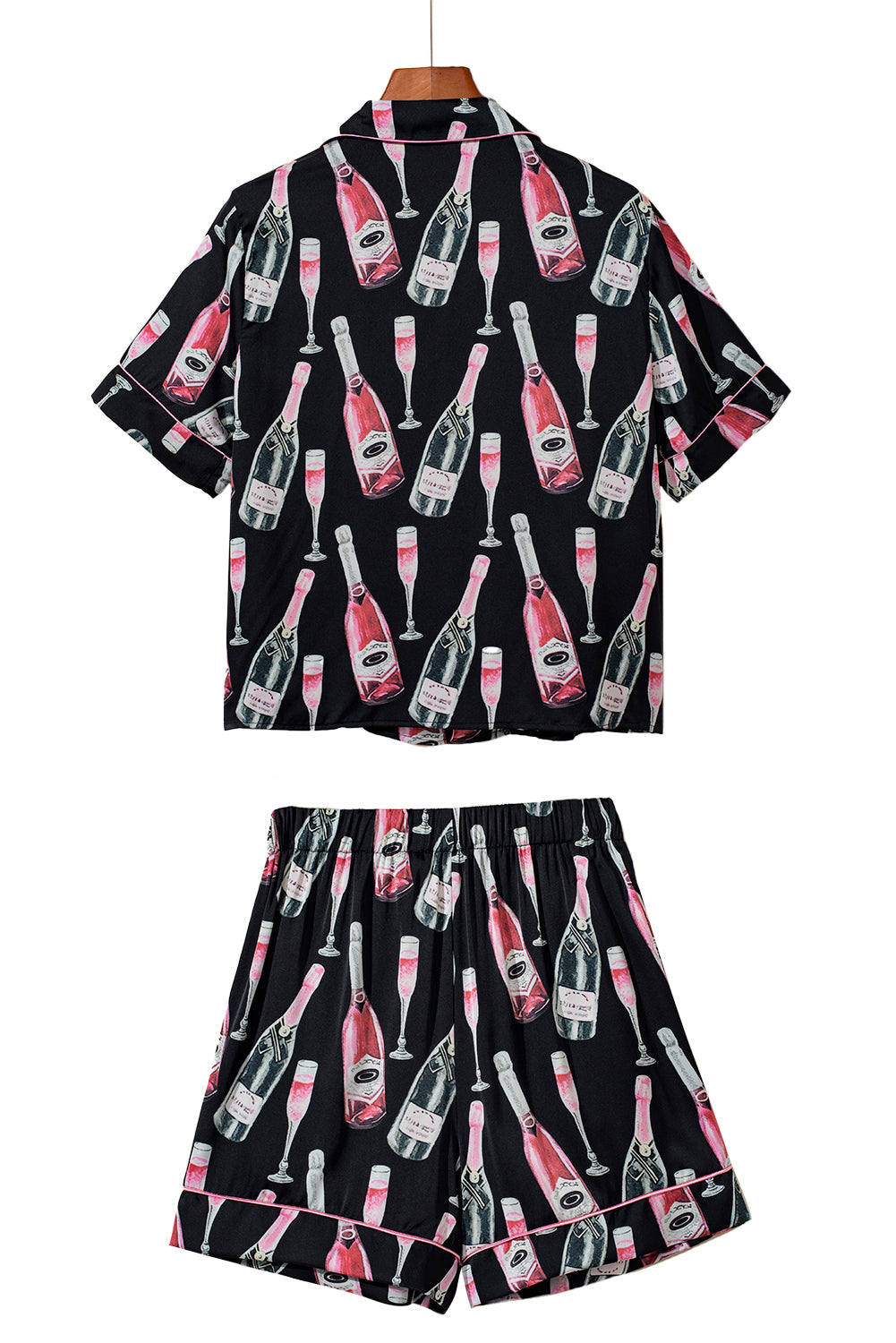 Black Champagne Print Silky Short Sleeve Pajamas Set - Little Miss Vanilla