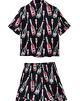 Black Champagne Print Silky Short Sleeve Pajamas Set - Little Miss Vanilla