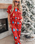 Red Christmas Tree Print V Neck Tee and Pants Lounge Set - Little Miss Vanilla