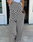 Black Checkered Print Pocketed Wide Leg Jumpsuit