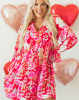 Red Floral Print High Waist V Neck Babydoll Mini Dress