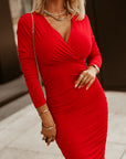 Fiery Red Long Sleeves Wrap V Neck Ruched Sheath Bodycon Dress - Little Miss Vanilla