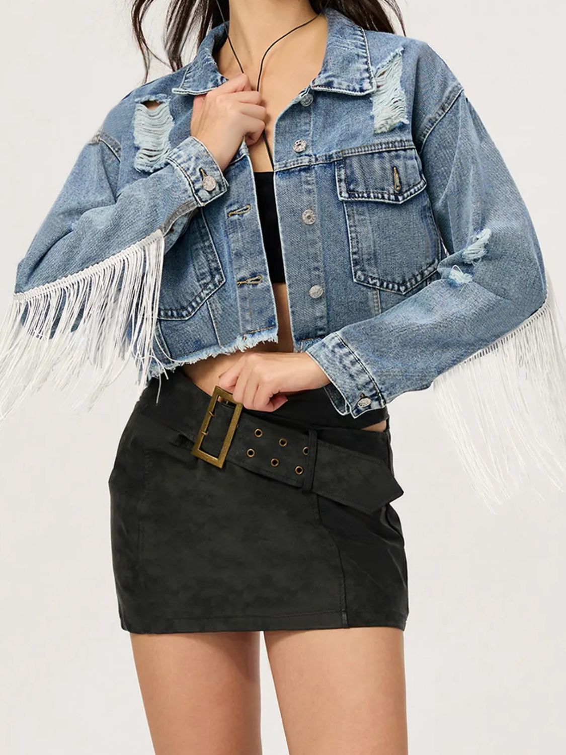 Distressed Fringe Collared Neck Cropped Denim Top - Little Miss Vanilla