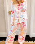 White Bow Knot Print Lapel Collar Wide Leg Satin Pajama Set - Little Miss Vanilla