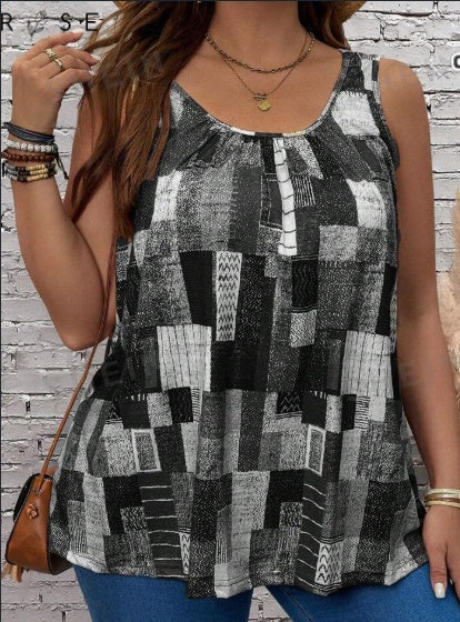 Plus Size Women's Summer Geometric Printed Round Neck Pleated Casual Tank Top - Little Miss Vanilla