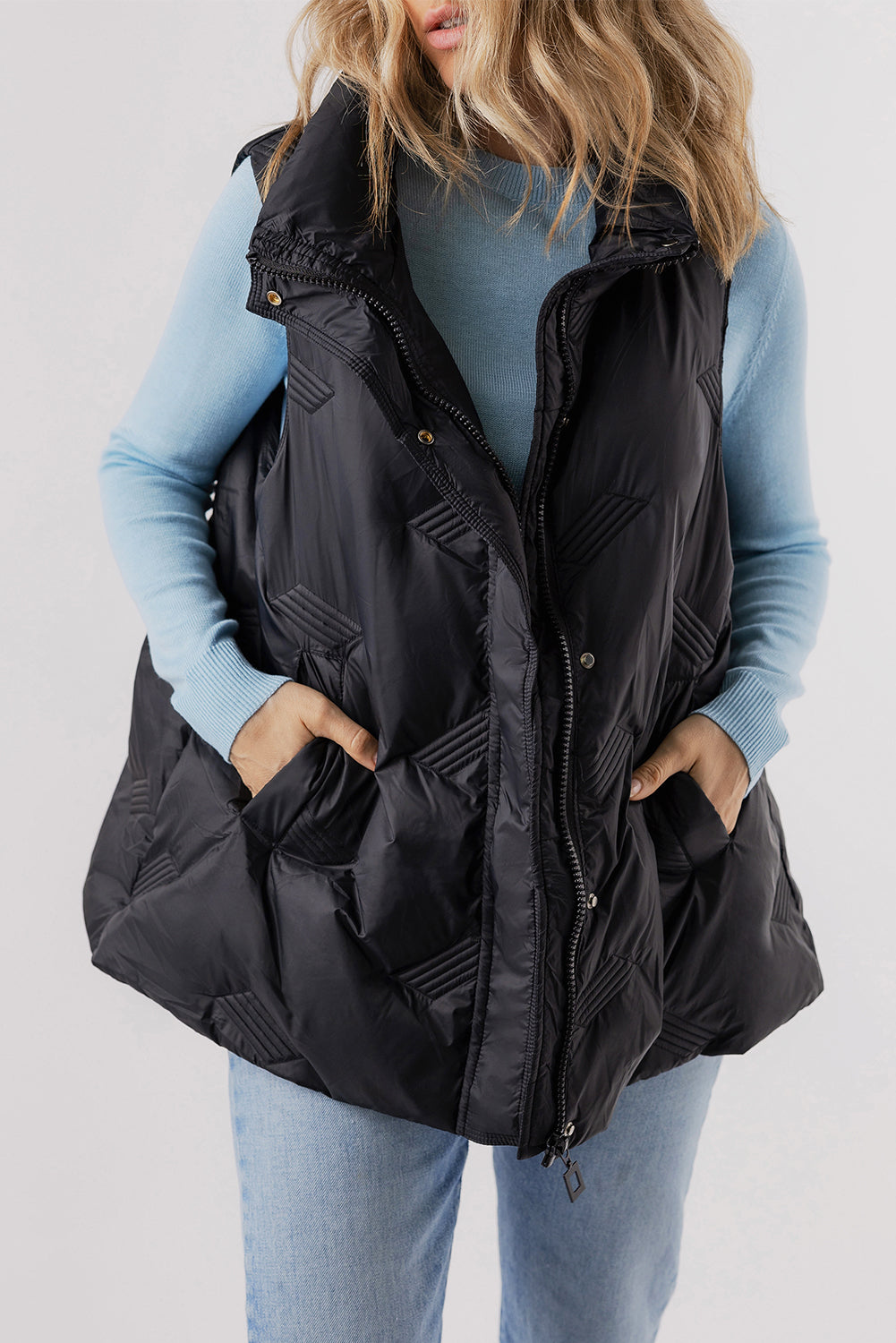 Black Quilted High Neck Zip Up Jacket Vest - Little Miss Vanilla