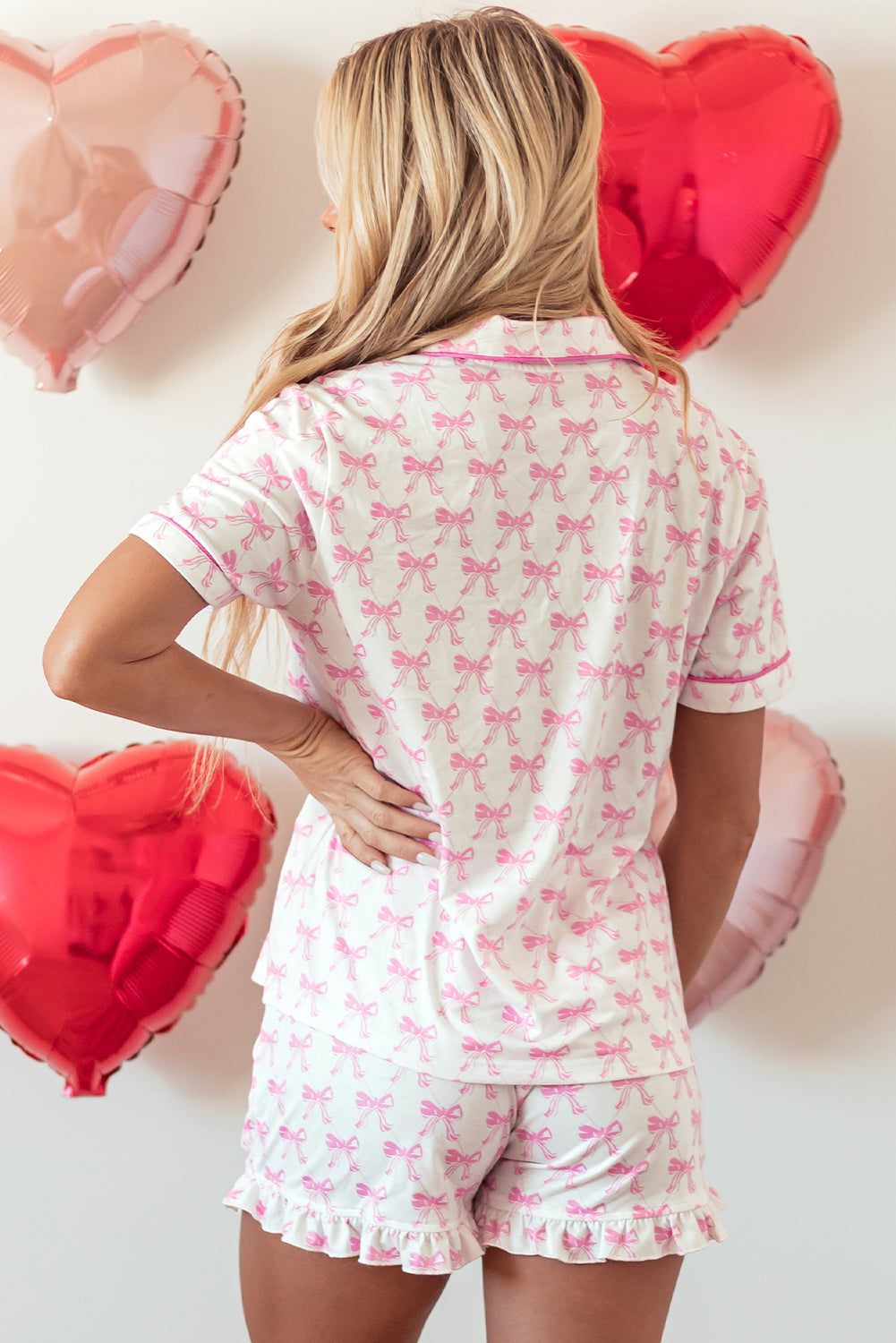 Pink Bowknot Printed Short Sleeve and Ruffled Shorts Pajama Set - Little Miss Vanilla