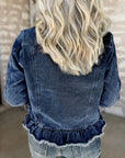 Navy Blue Ruffle Raw Hem Flap Pockets Denim Jacket