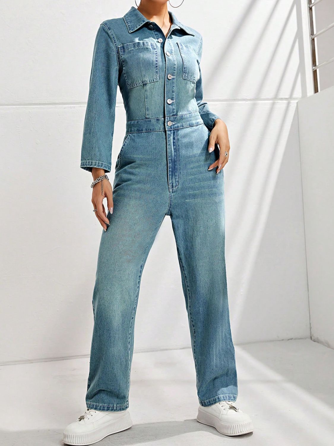 Half Button Long Sleeve Straight Leg Denim Jumpsuit - Little Miss Vanilla