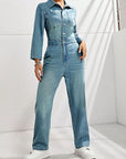 Half Button Long Sleeve Straight Leg Denim Jumpsuit - Little Miss Vanilla