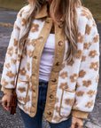 Light French Beige Cute Flower Pattern Button Up Fleece Jacket