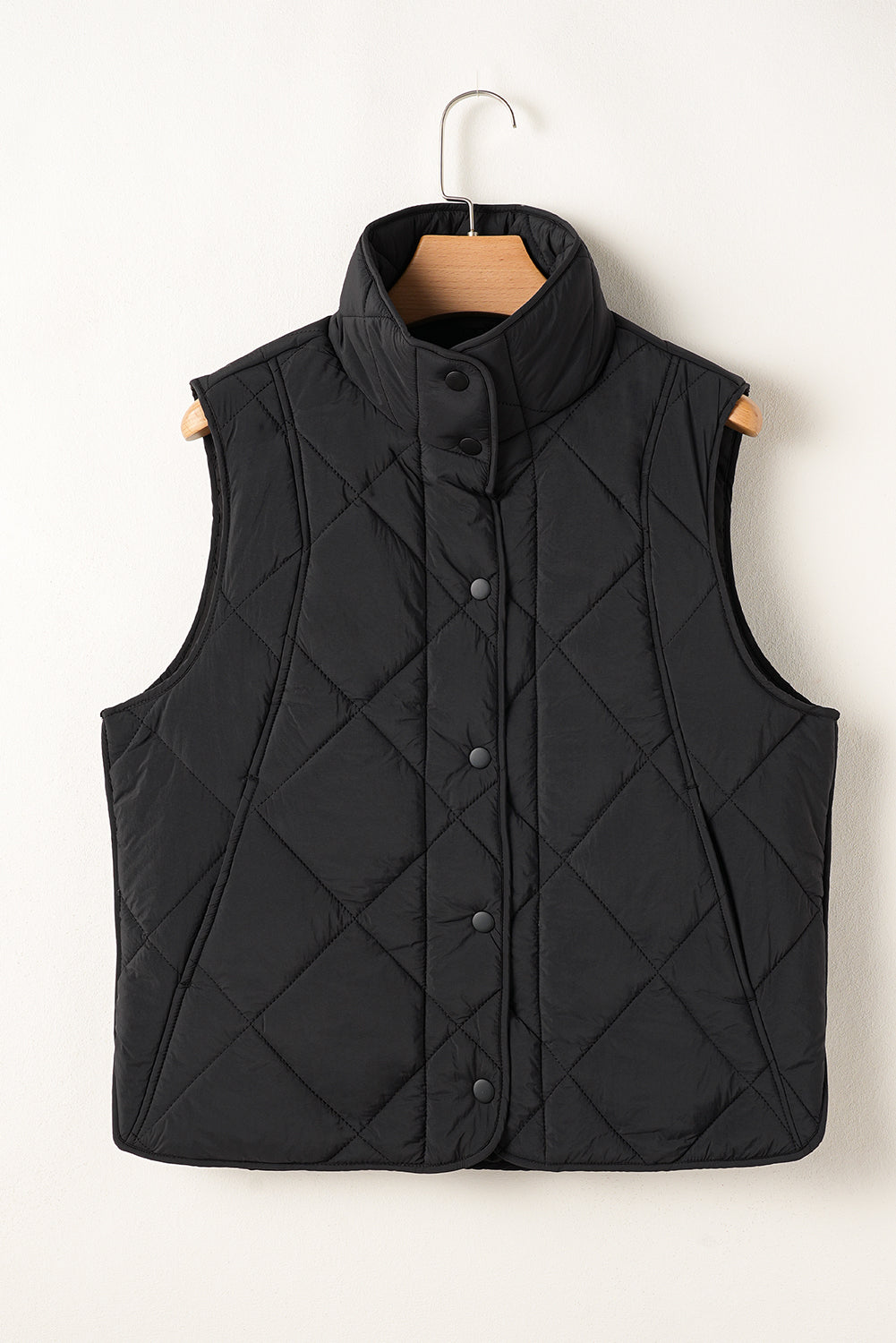 Black Quilted High Neck Button Up Pocket Vest Coat - Little Miss Vanilla