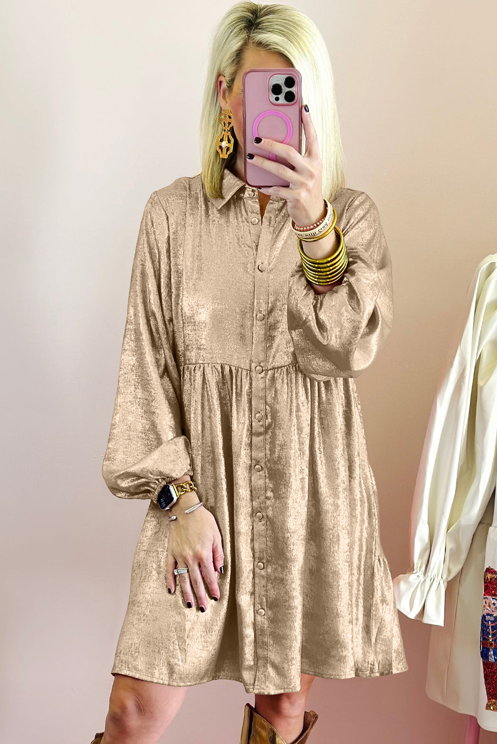 Apricot Metallic Sheen Puff Sleeve Button Up Mini Shirt Dress - Little Miss Vanilla