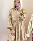 Apricot Metallic Sheen Puff Sleeve Button Up Mini Shirt Dress - Little Miss Vanilla