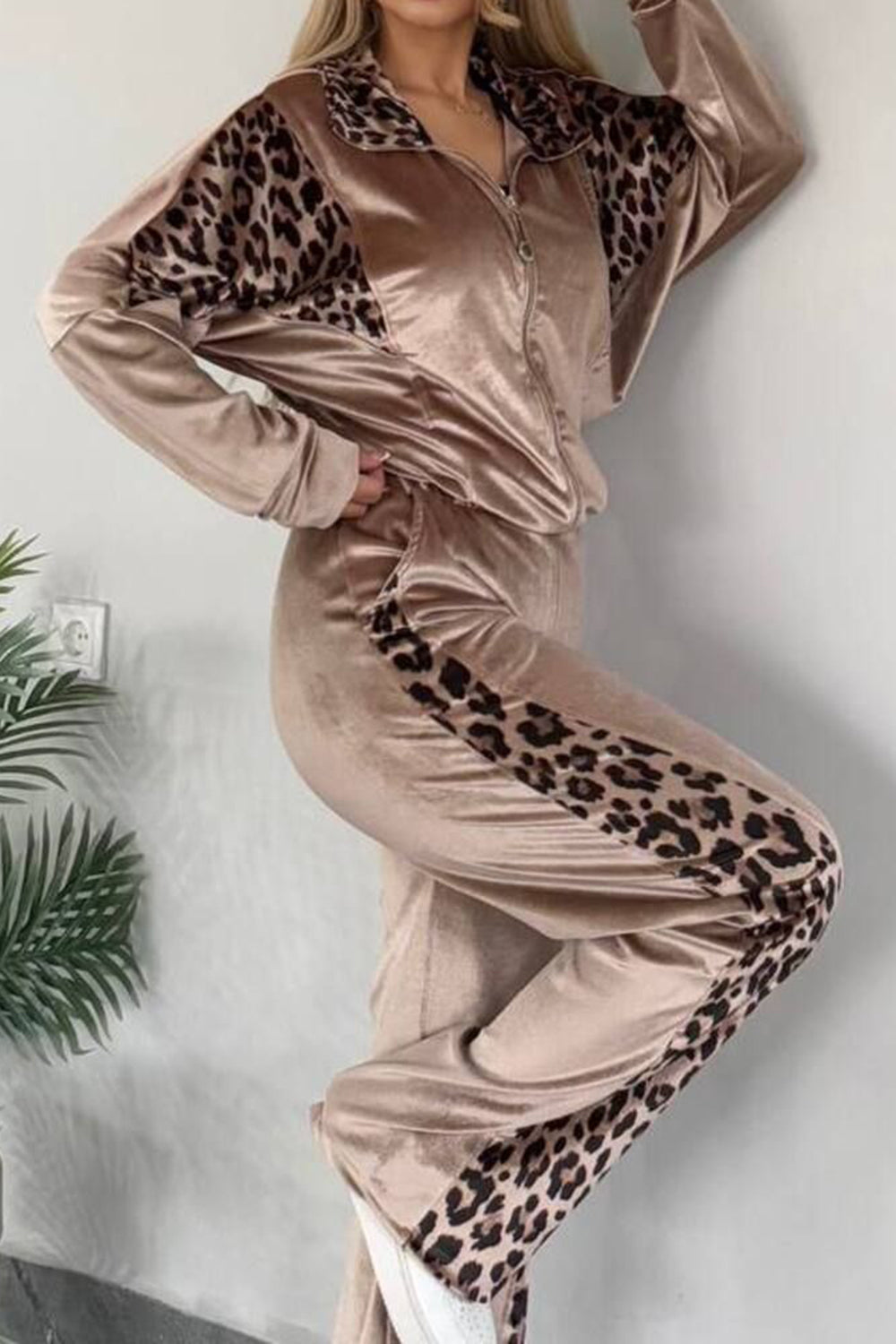 Full Size Collared Neck Leopard Zip Up Top and Pants Set Plus Size - Little Miss Vanilla