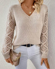 Solid V-neck Pullover Sweater With Hollow Long Sleeve Fashion Tops For Women Clothing