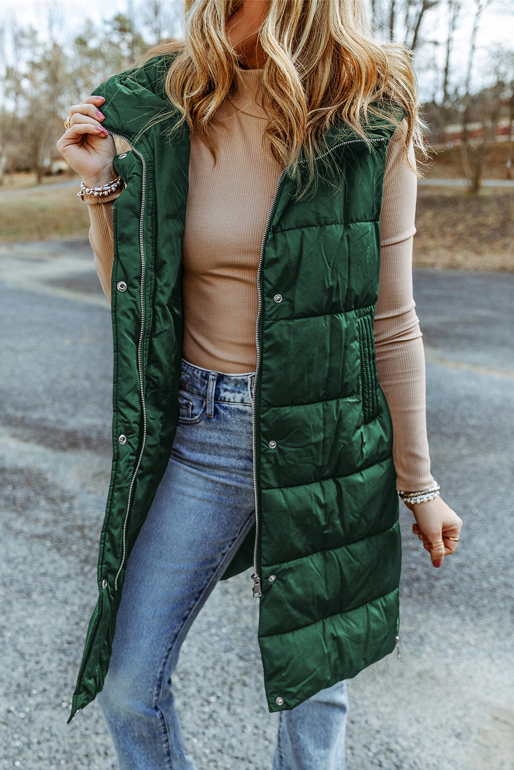 Green Hooded Long Quilted Vest Coat - Little Miss Vanilla