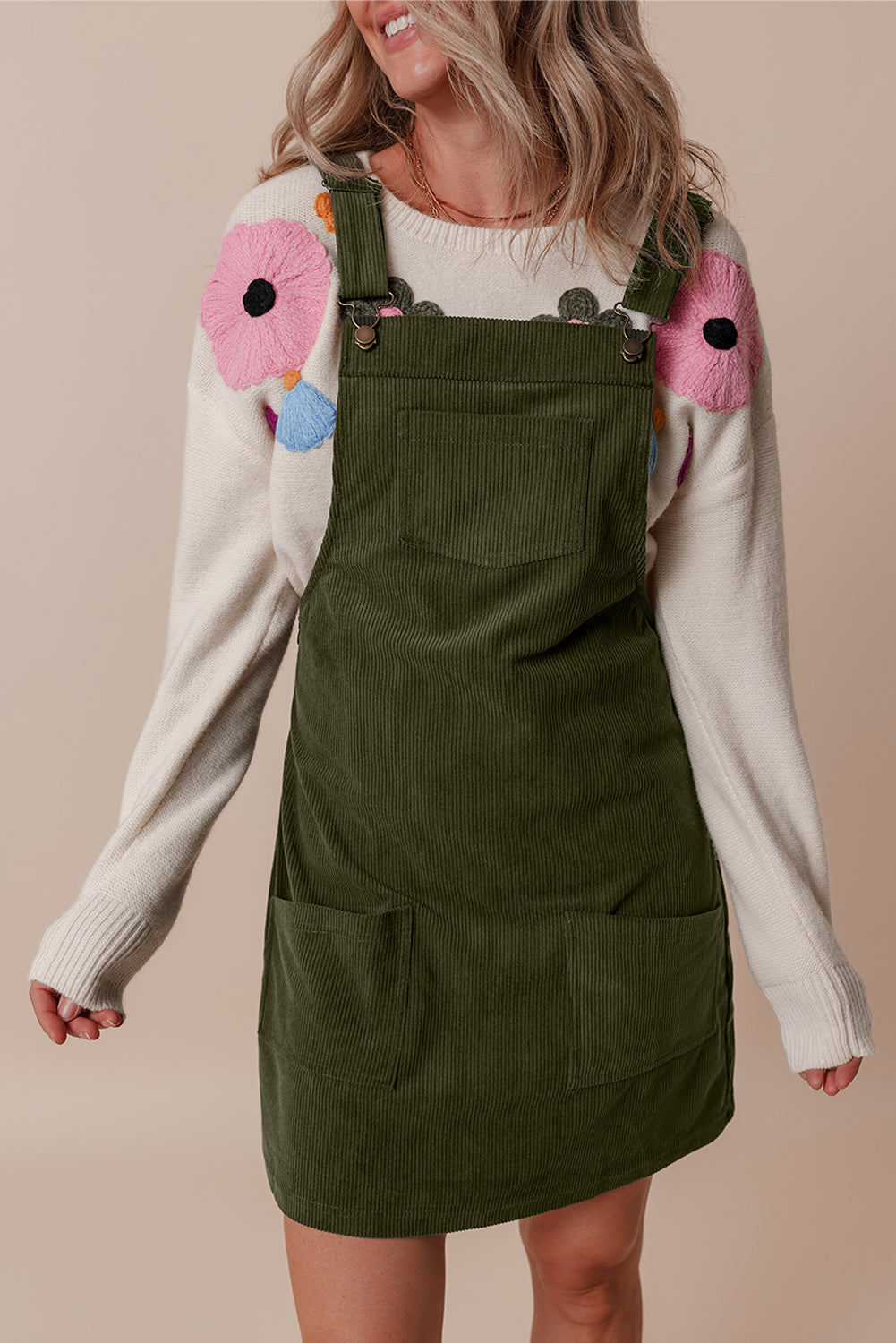 Vineyard Green Solid Front Pockets Sleeveless Corduroy Overall Dress - Little Miss Vanilla