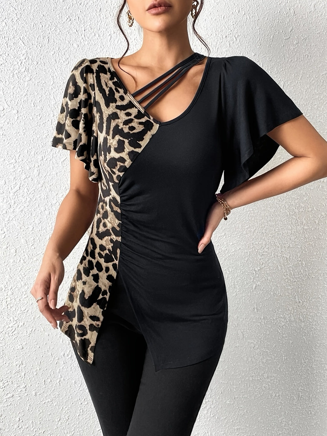 Ruched Leopard Flutter Sleeve T-Shirt - Little Miss Vanilla