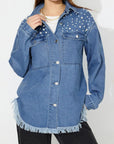 Raw Hem Pearl Trim Collared Neck Denim Top - Little Miss Vanilla