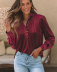 Frill Half Button Mock Neck Long Sleeve Blouse - Little Miss Vanilla