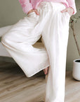 White Casual Tie Waist Pleated Wide Leg Pants