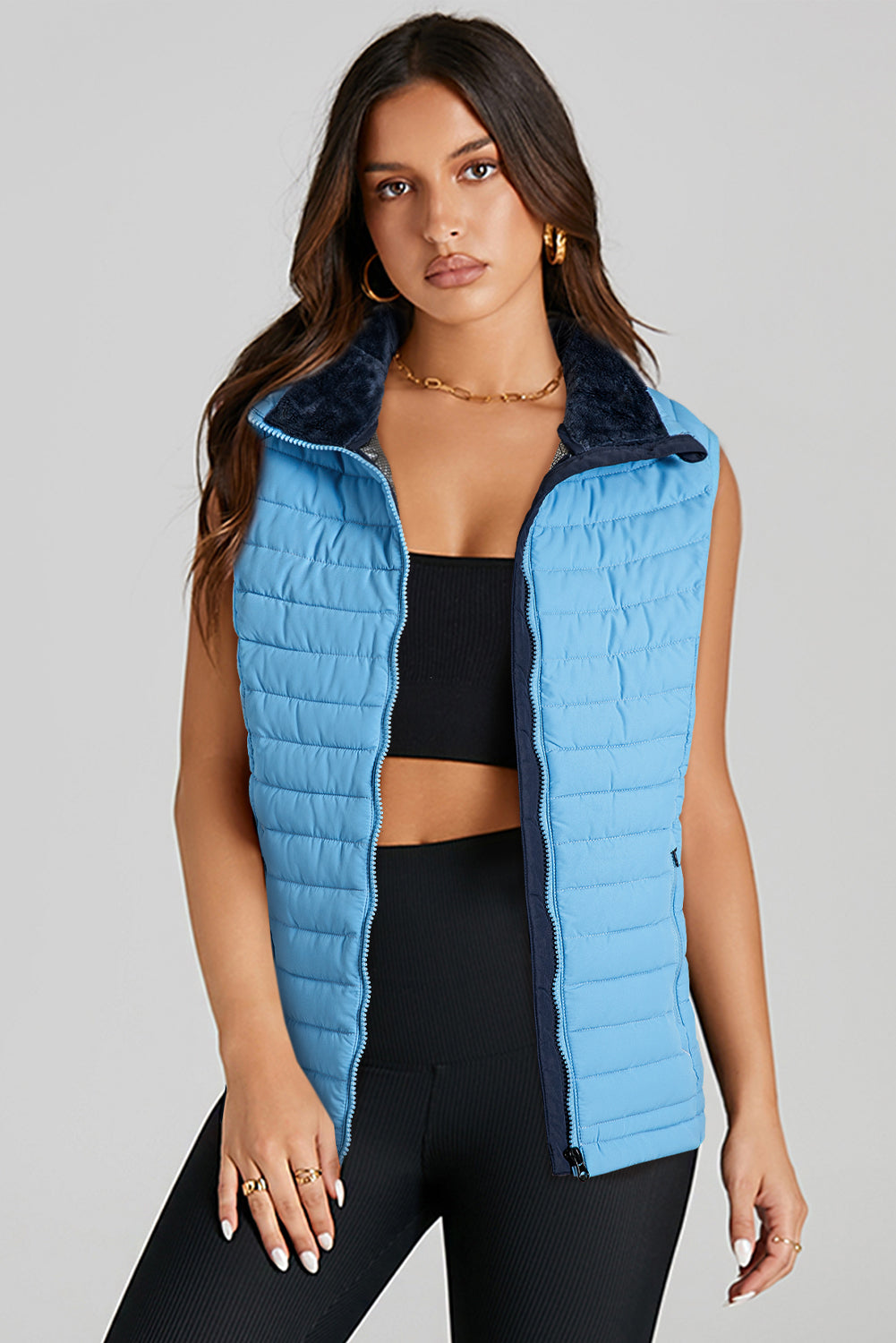 Sky Blue Plush Collared Quilted Zipped Puffer Vest - Little Miss Vanilla