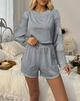 Hollow Long-sleeved Suit With Loose Round-neck Tops And Elastic Split Shorts Fashion Women's Clothing