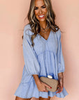 Beau Blue Puff Sleeve V Neck Tiered Ruffled Chambray Mini Dress - Little Miss Vanilla