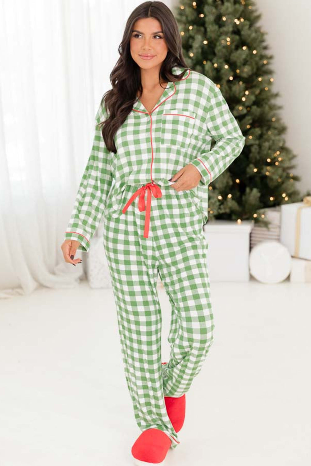 Light Green Christmas Plaid Print Shirt and Pants Pajama Set - Little Miss Vanilla