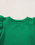 Bright Green Textured Ruffled Sleeve Tee and Drawstring Shorts Set