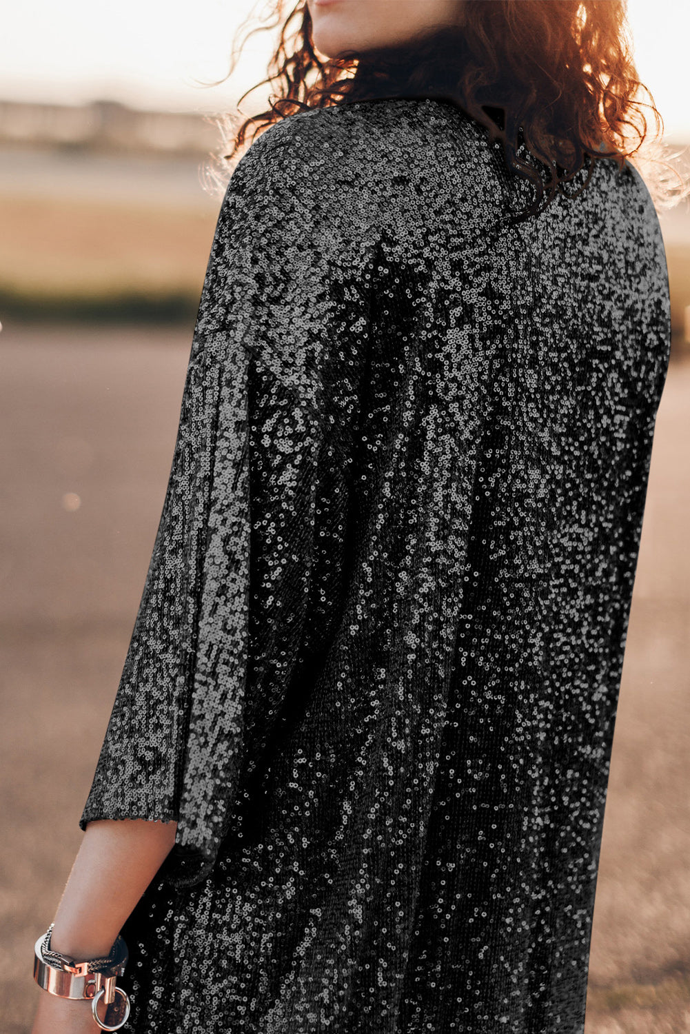 Black Sequin 3/4 Sleeve Open Front Duster Kimono - Little Miss Vanilla