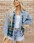 Blue Aztec Printed Denim Jacket - Little Miss Vanilla