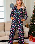 Navy Blue Colorful Christmas Lights Print Shirt and Pants Pajama Set - Little Miss Vanilla