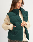 Jungle Green Corduroy Stand Neck Zipped Puffer Vest