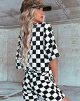 Black Checkerboard Print V Neck Loose Tee and Shorts Lounge Set - Little Miss Vanilla